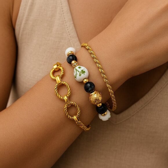 NWT - 18K Gold Plated Rope, Plated Loop, & Glass Beaded Bracelet Set Of 3 - Picture 1 of 11